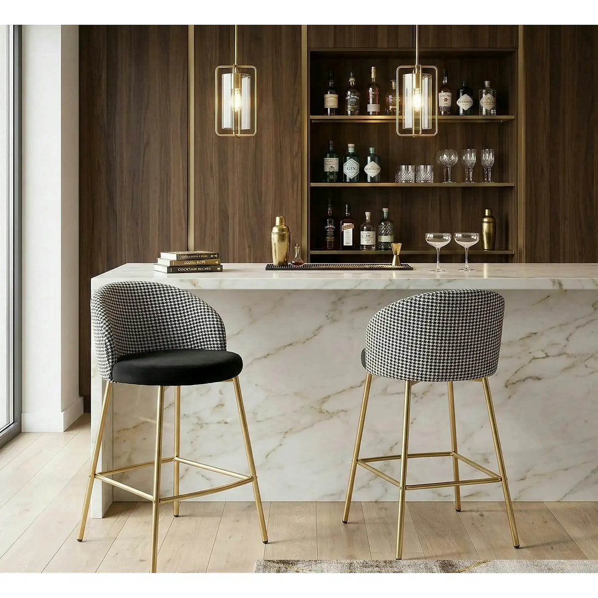 Scaun bar H113, negru/gri/auriu, stofa catifelata/otel, 47x55x85 cm