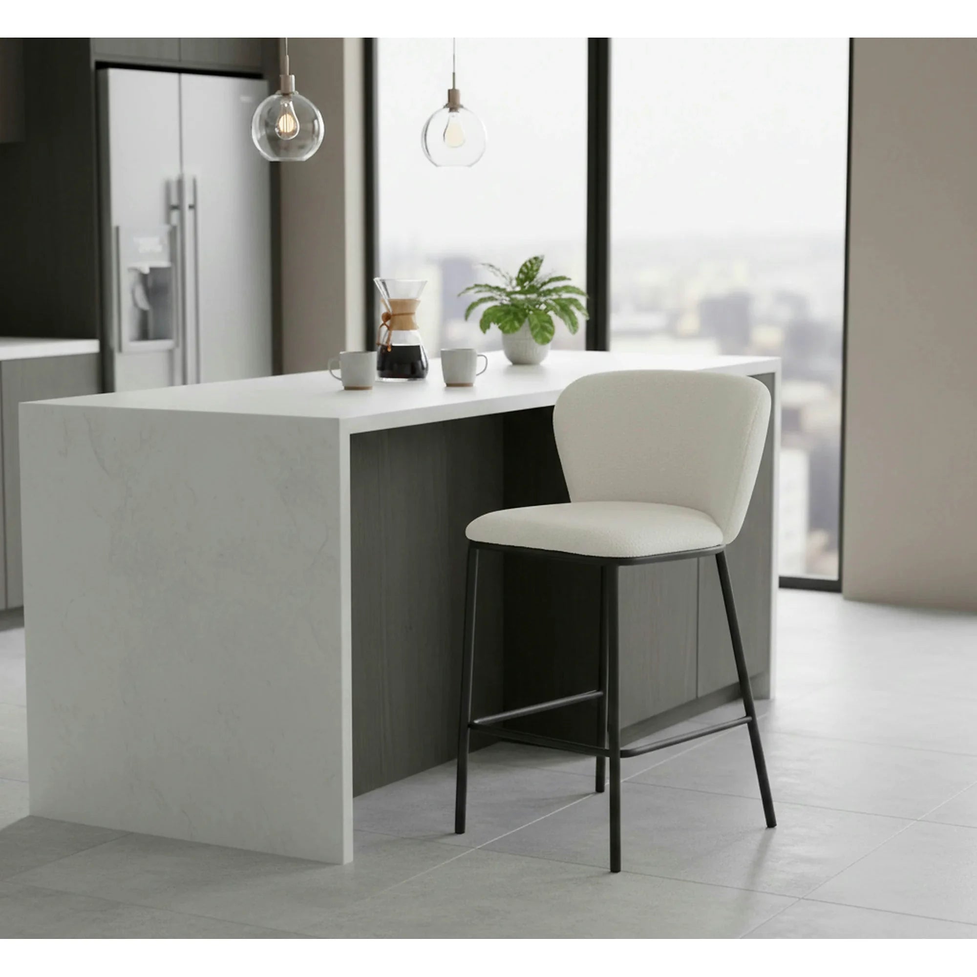 Scaun bar H119, crem/negru, stofa buclata/otel, 54x53x92 cm