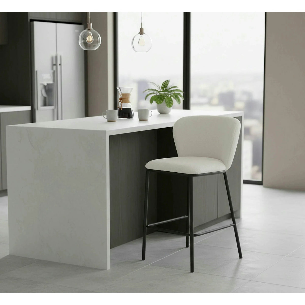 Scaun bar H119, crem/negru, stofa buclata/otel, 54x53x92 cm