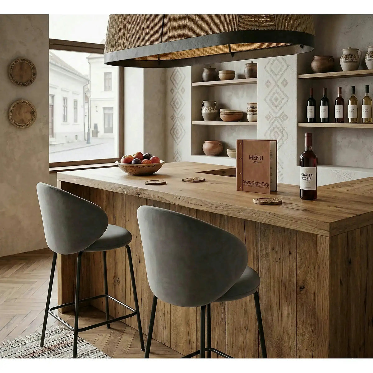 Scaun bar H121, gri - Mavel 14/negru, stofa catifelata/metal, 51x50x92 cm