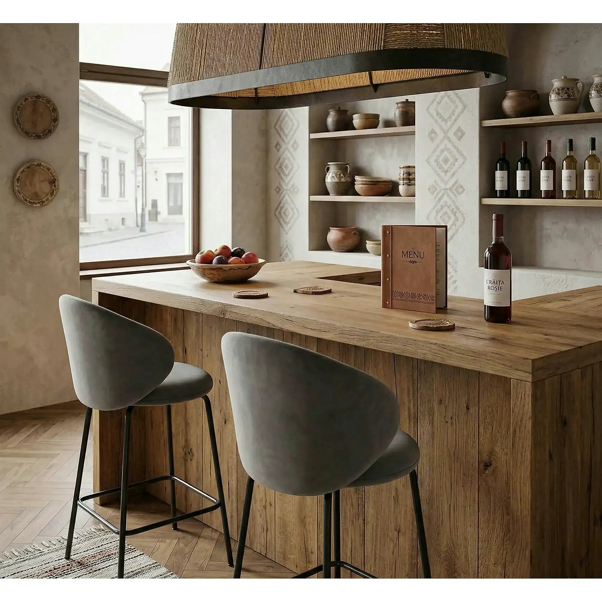 Scaun bar H121, gri - Mavel 14/negru, stofa catifelata/metal, 51x50x92 cm
