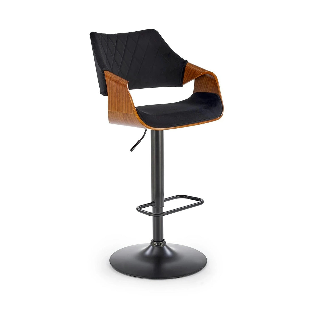 Scaun bar H124, negru/nuc, stofa catifelata/placaj/metal, 55x52x93/114 cm