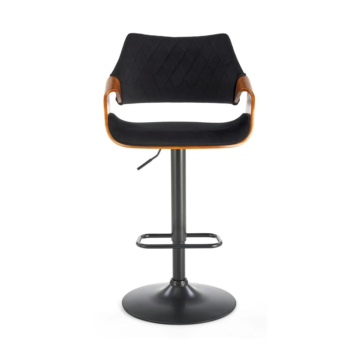 Scaun bar H124, negru/nuc, stofa catifelata/placaj/metal, 55x52x93/114 cm