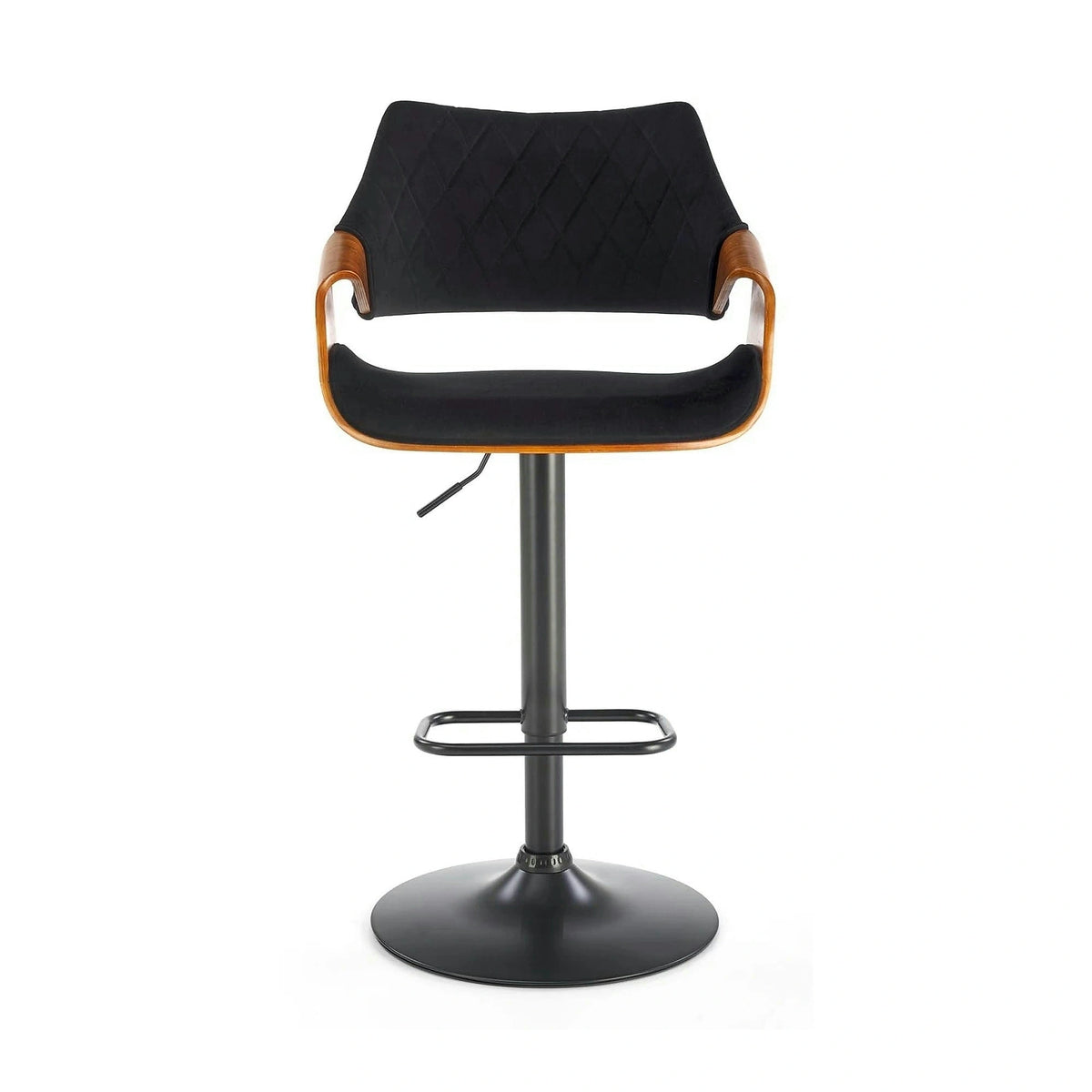 Scaun bar H124, negru/nuc, stofa catifelata/placaj/metal, 55x52x93/114 cm
