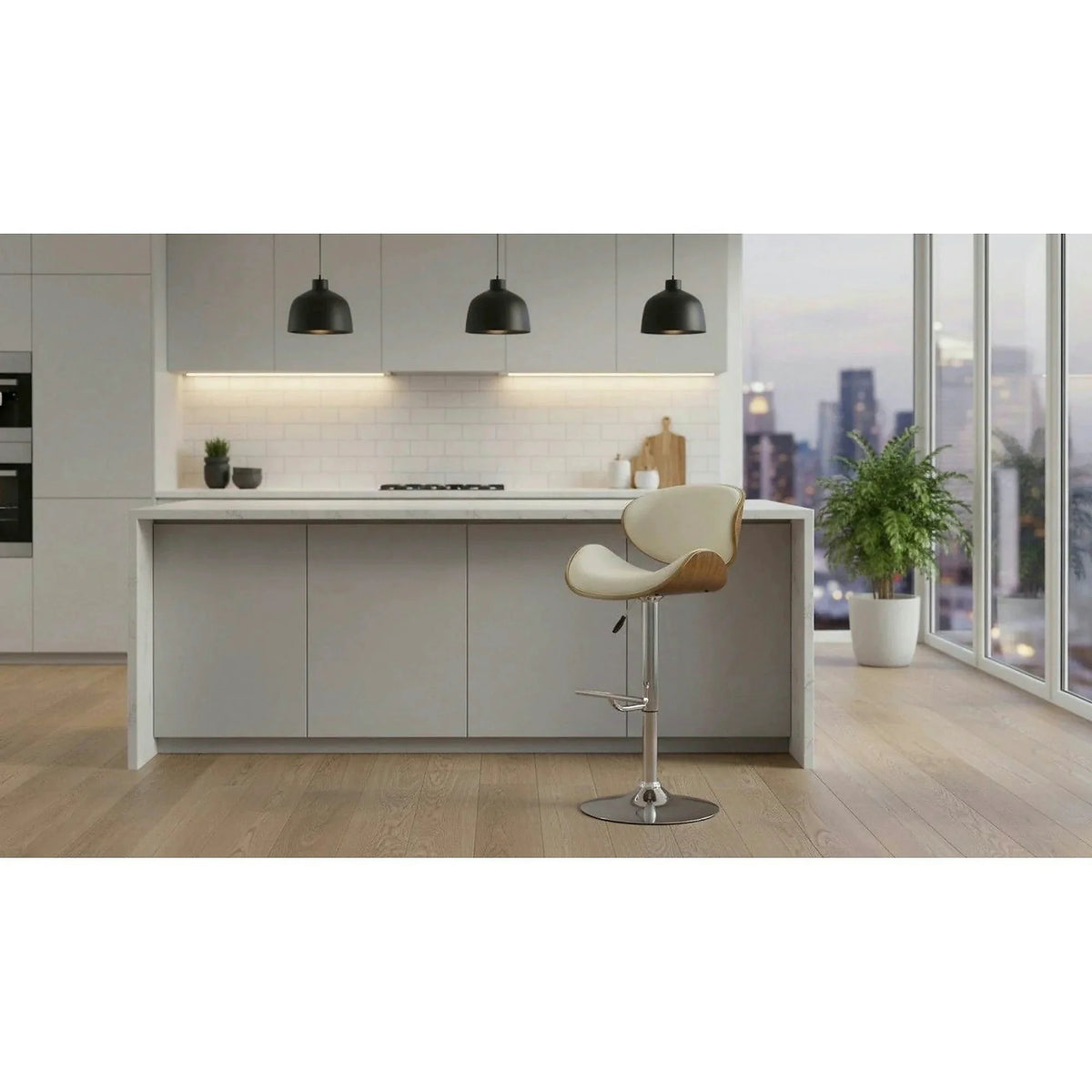 Scaun bar H44, crem/nuc/crom, piele ecologica/placaj indoit/otel, 53x48x93/115 cm