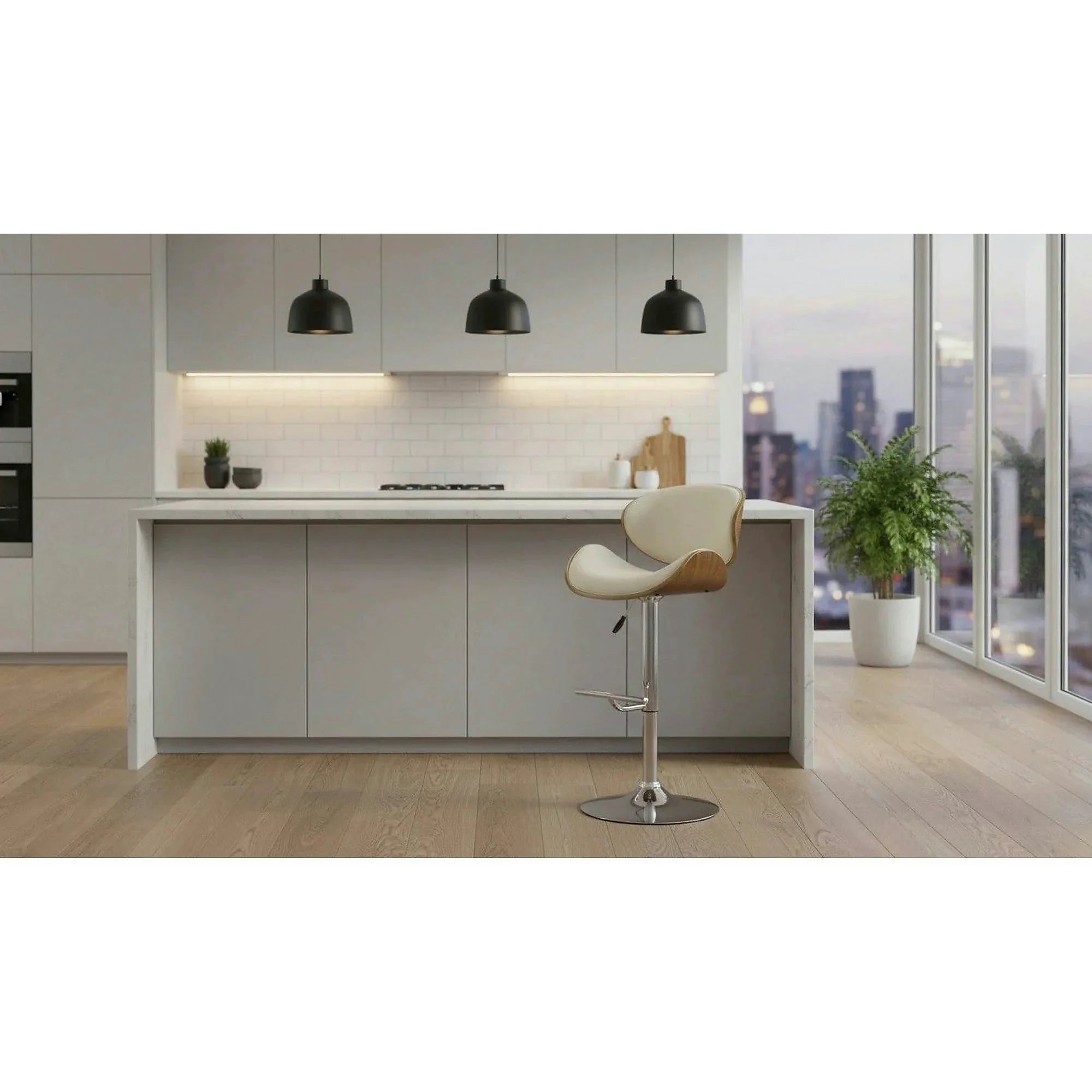 Scaun bar H44, crem/nuc/crom, piele ecologica/placaj indoit/otel, 53x48x93/115 cm
