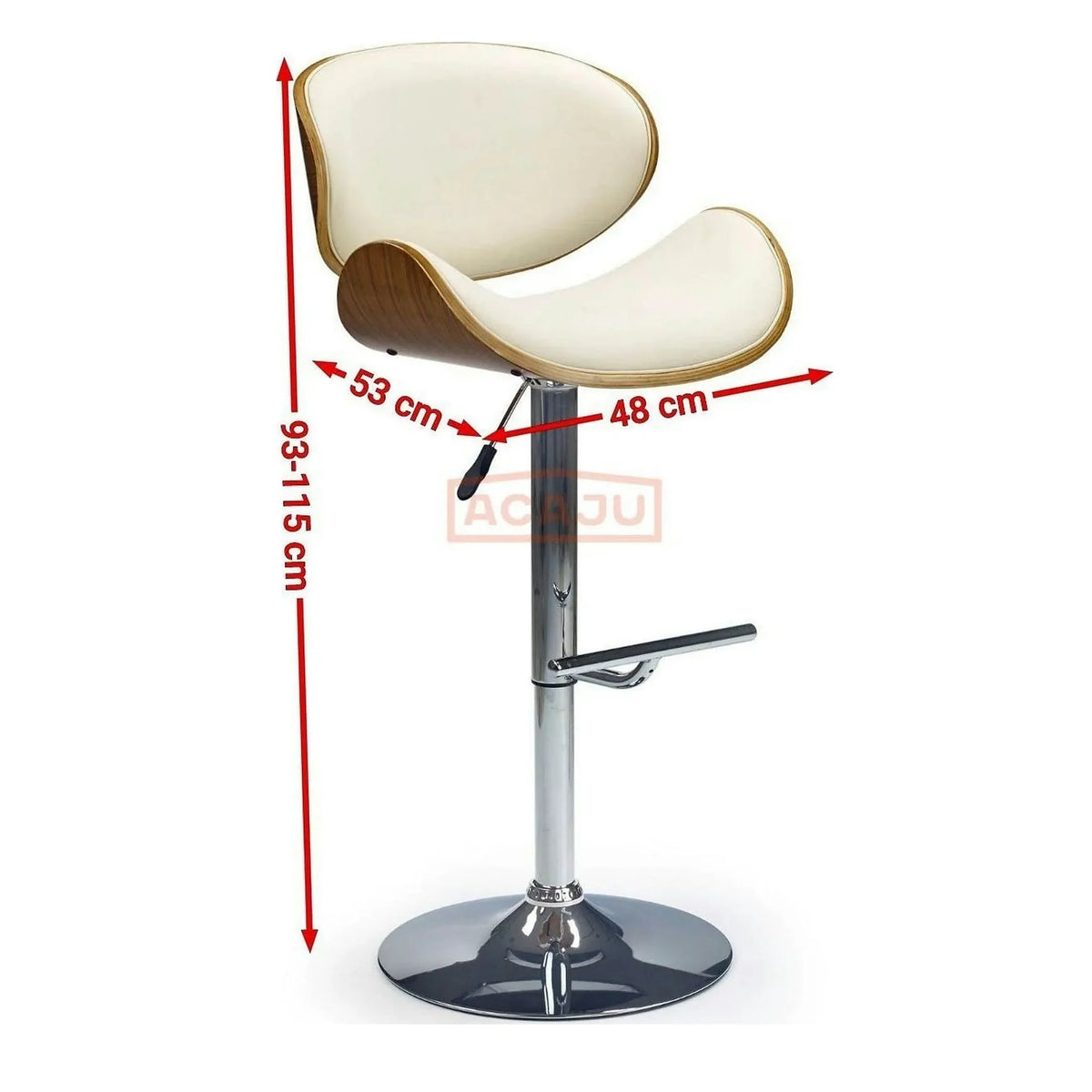 Scaun bar H44, crem/nuc/crom, piele ecologica/placaj indoit/otel, 53x48x93/115 cm