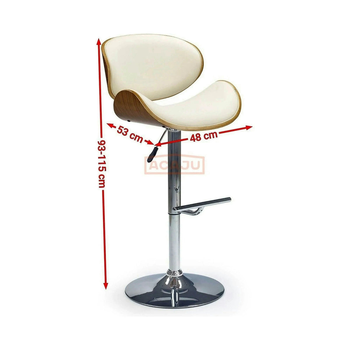 Scaun bar H44, crem/nuc/crom, piele ecologica/placaj indoit/otel, 53x48x93/115 cm