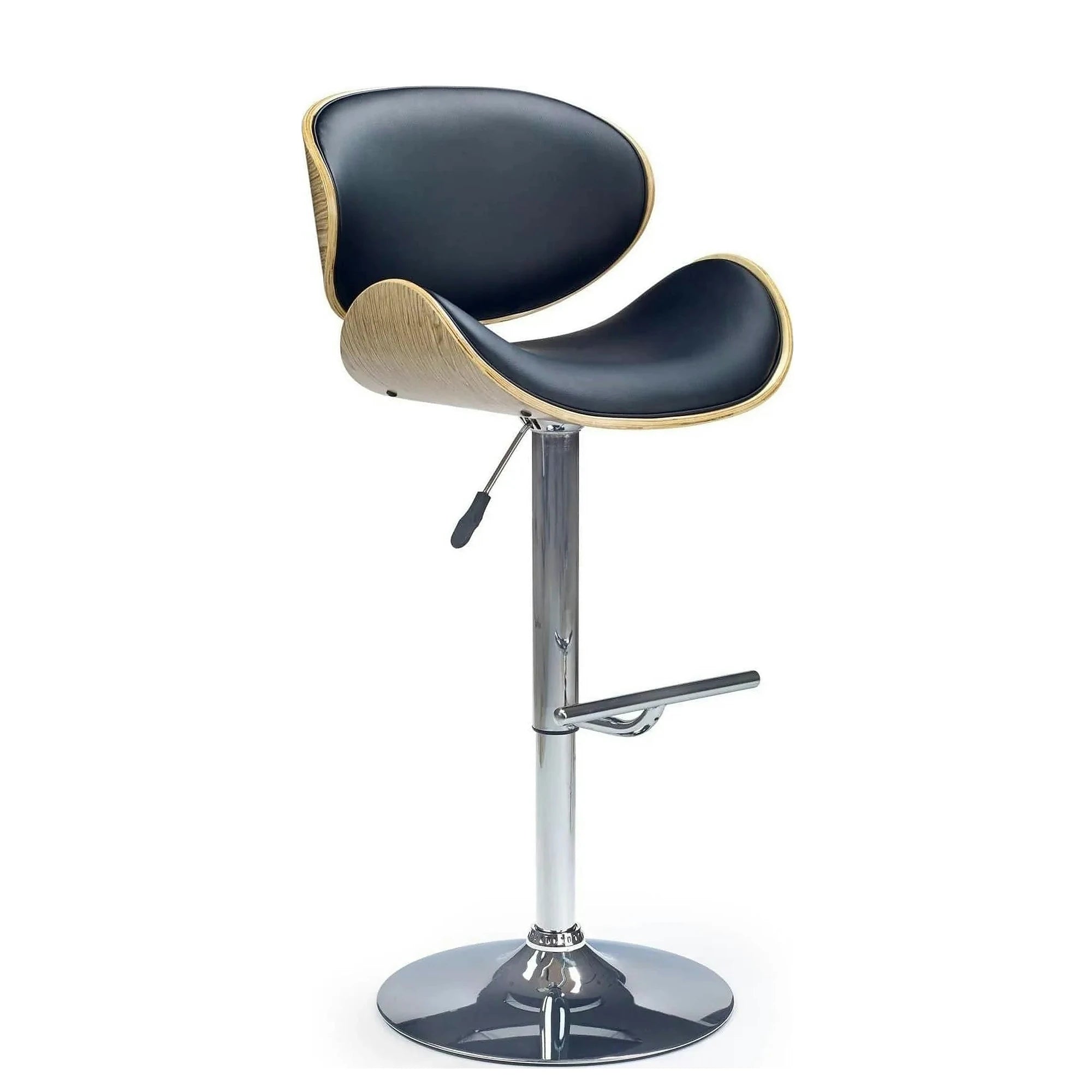 Scaun bar H44, negru/stejar deschis/crom, piele ecologica/placaj indoit/otel, 53x48x93/115 cm