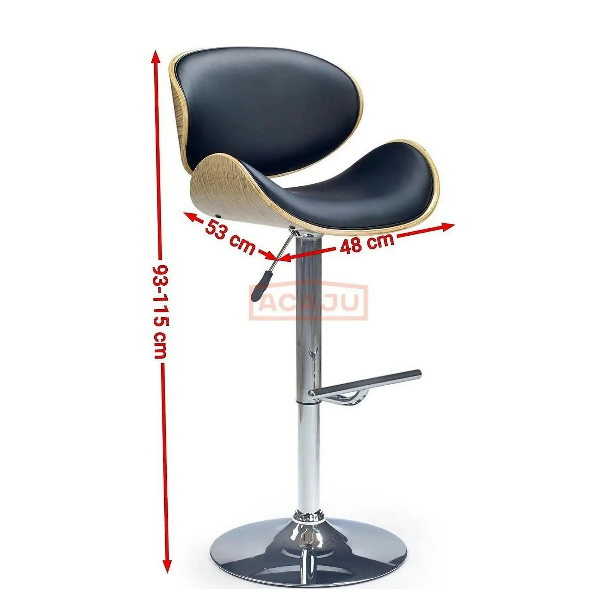 Scaun bar H44, negru/stejar deschis/crom, piele ecologica/placaj indoit/otel, 53x48x93/115 cm
