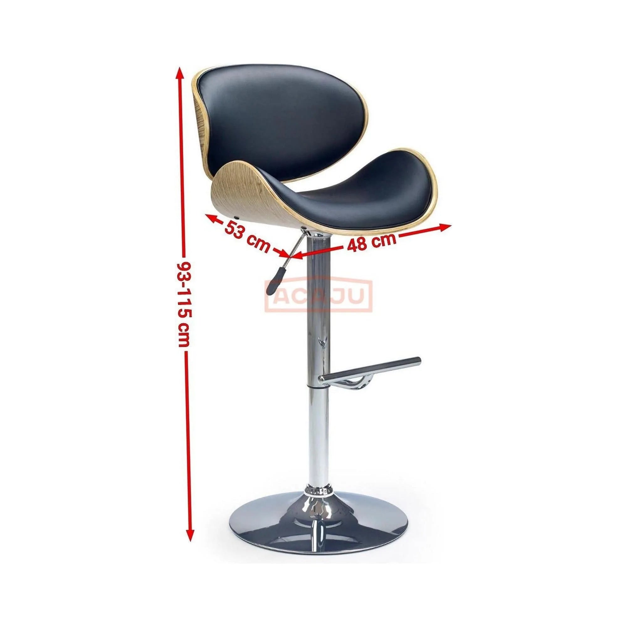 Scaun bar H44, negru/stejar deschis/crom, piele ecologica/placaj indoit/otel, 53x48x93/115 cm