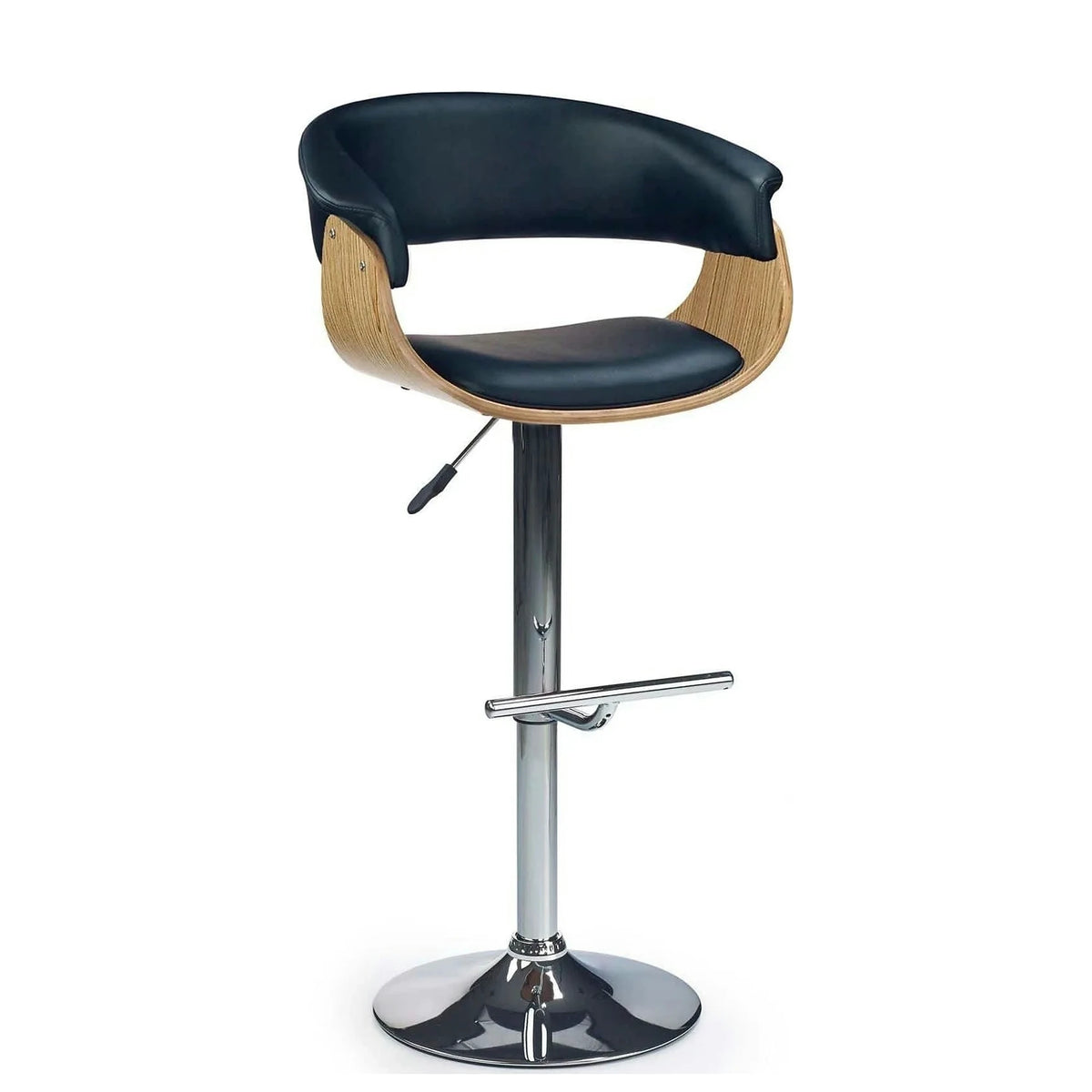 Scaun bar H45, negru/stejar deschis/crom, piele ecologica/placaj indoit/otel, 59x46x90/112 cm