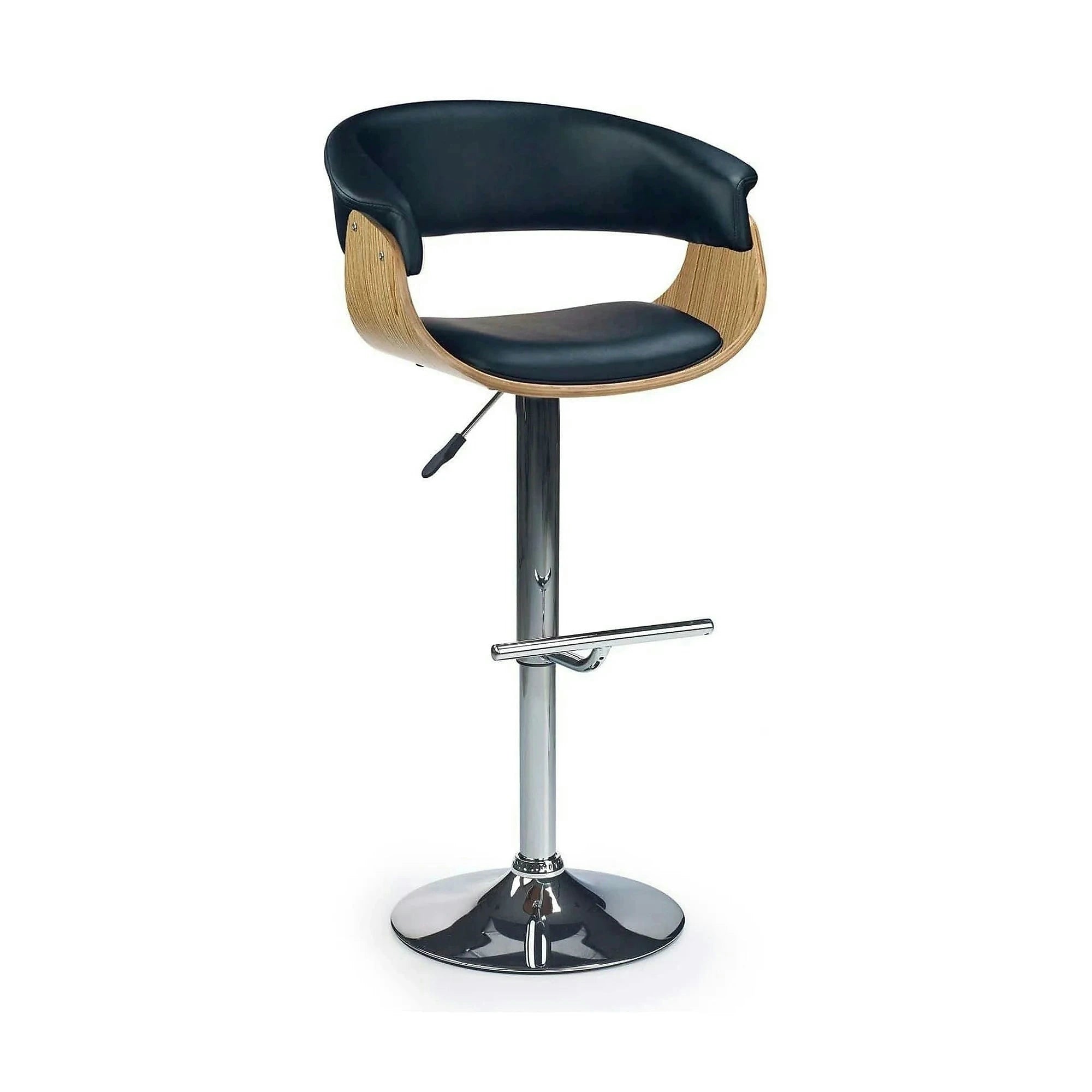 Scaun bar H45, negru/stejar deschis/crom, piele ecologica/placaj indoit/otel, 59x46x90/112 cm