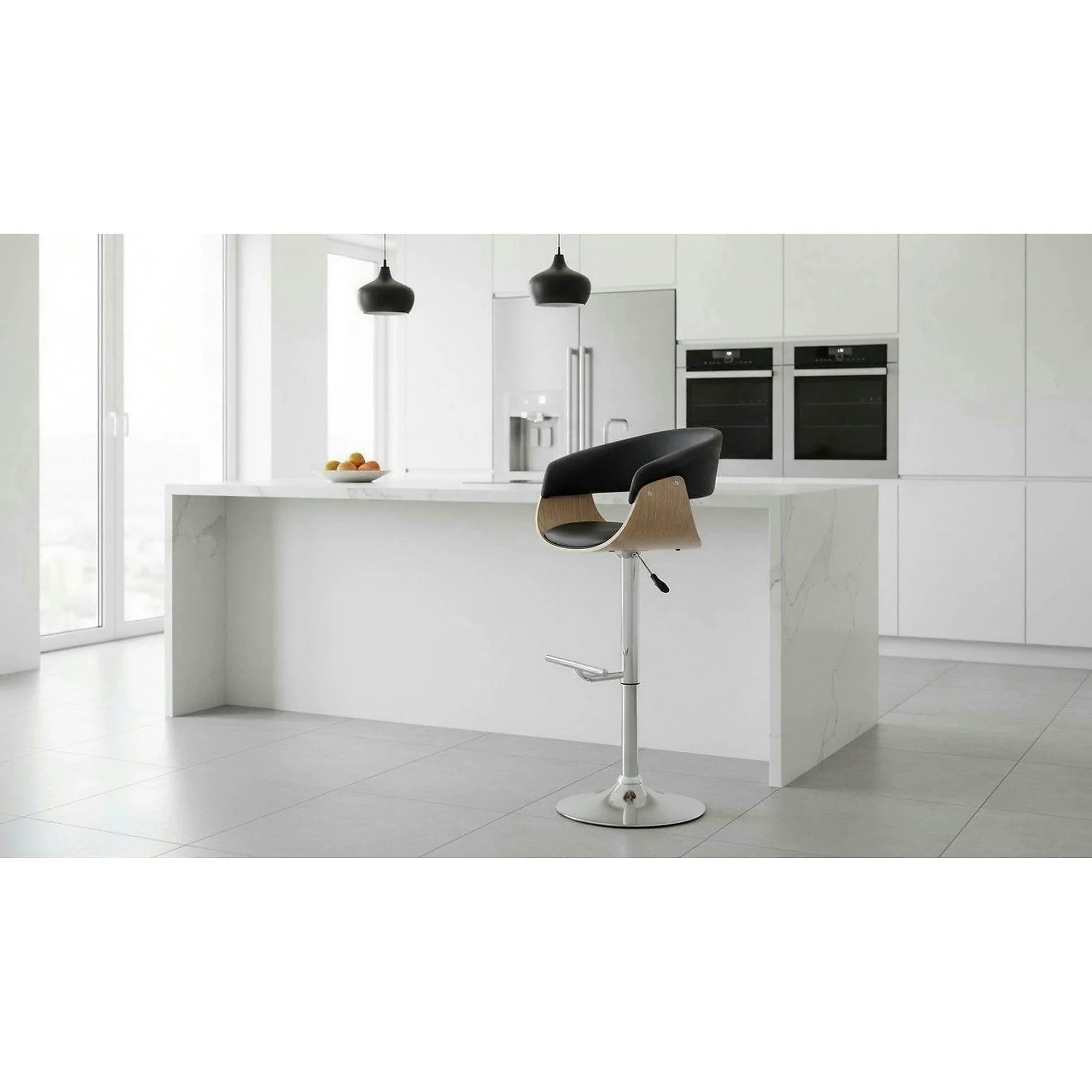 Scaun bar H45, negru/stejar deschis/crom, piele ecologica/placaj indoit/otel, 59x46x90/112 cm