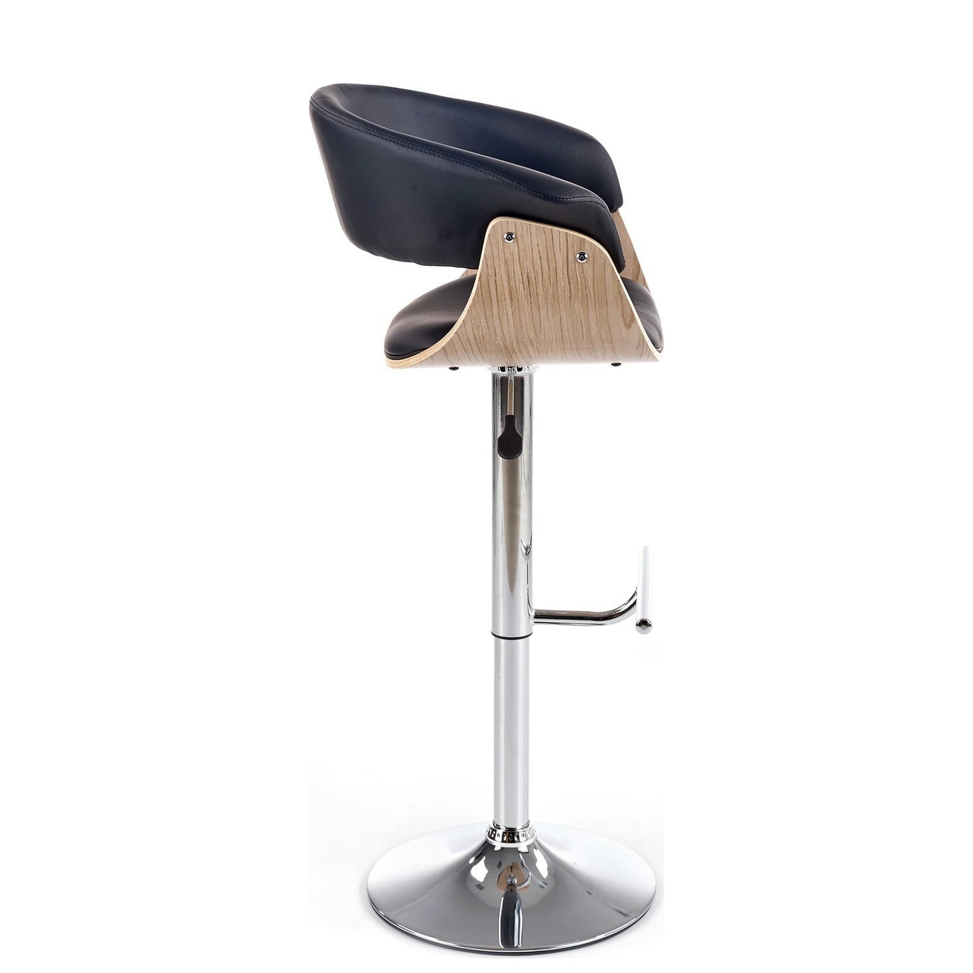 Scaun bar H45, negru/stejar deschis/crom, piele ecologica/placaj indoit/otel, 59x46x90/112 cm