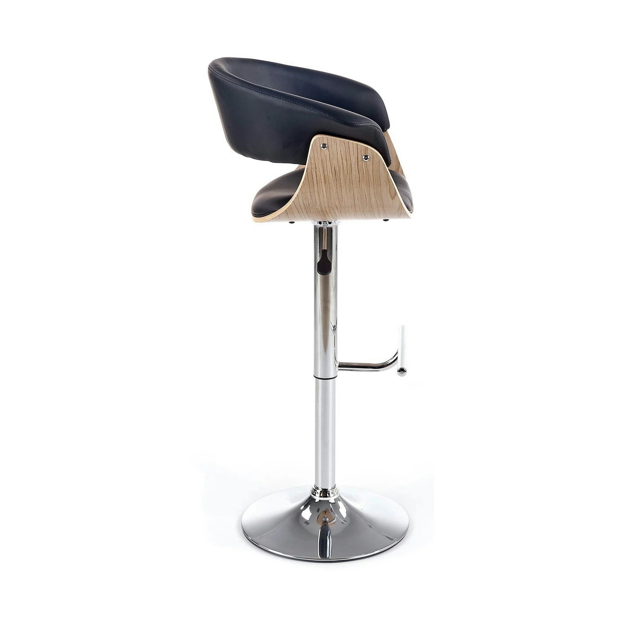 Scaun bar H45, negru/stejar deschis/crom, piele ecologica/placaj indoit/otel, 59x46x90/112 cm
