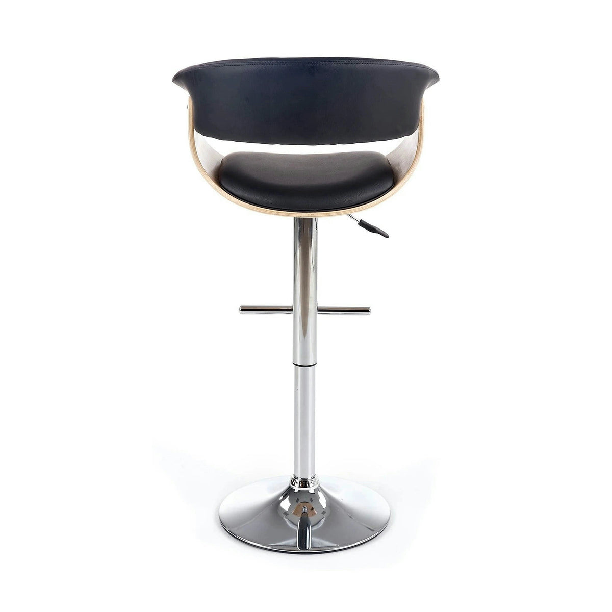 Scaun bar H45, negru/stejar deschis/crom, piele ecologica/placaj indoit/otel, 59x46x90/112 cm