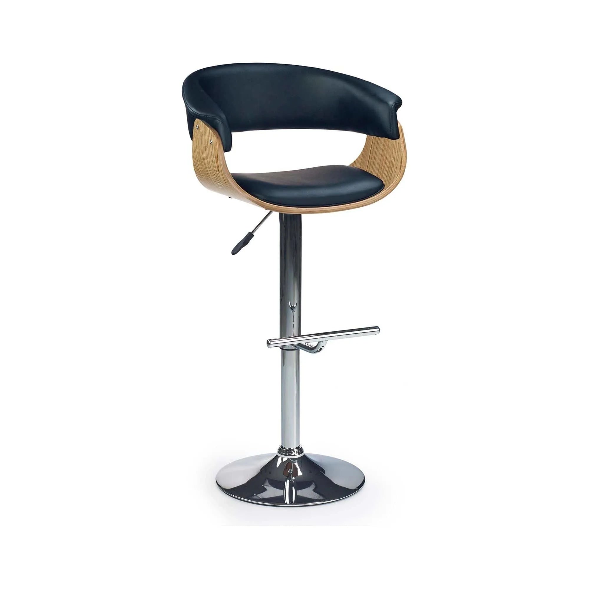 Scaun bar H45, negru/stejar deschis/crom, piele ecologica/placaj indoit/otel, 59x46x90/112 cm