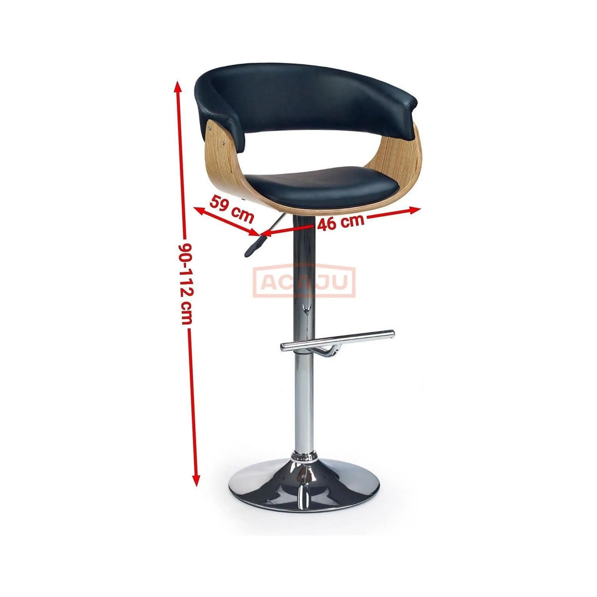 Scaun bar H45, negru/stejar deschis/crom, piele ecologica/placaj indoit/otel, 59x46x90/112 cm