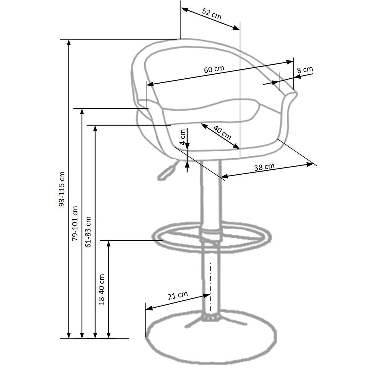 Scaun bar H46, negru/alb/crom, piele ecologica/otel, 60x46x93/115 cm