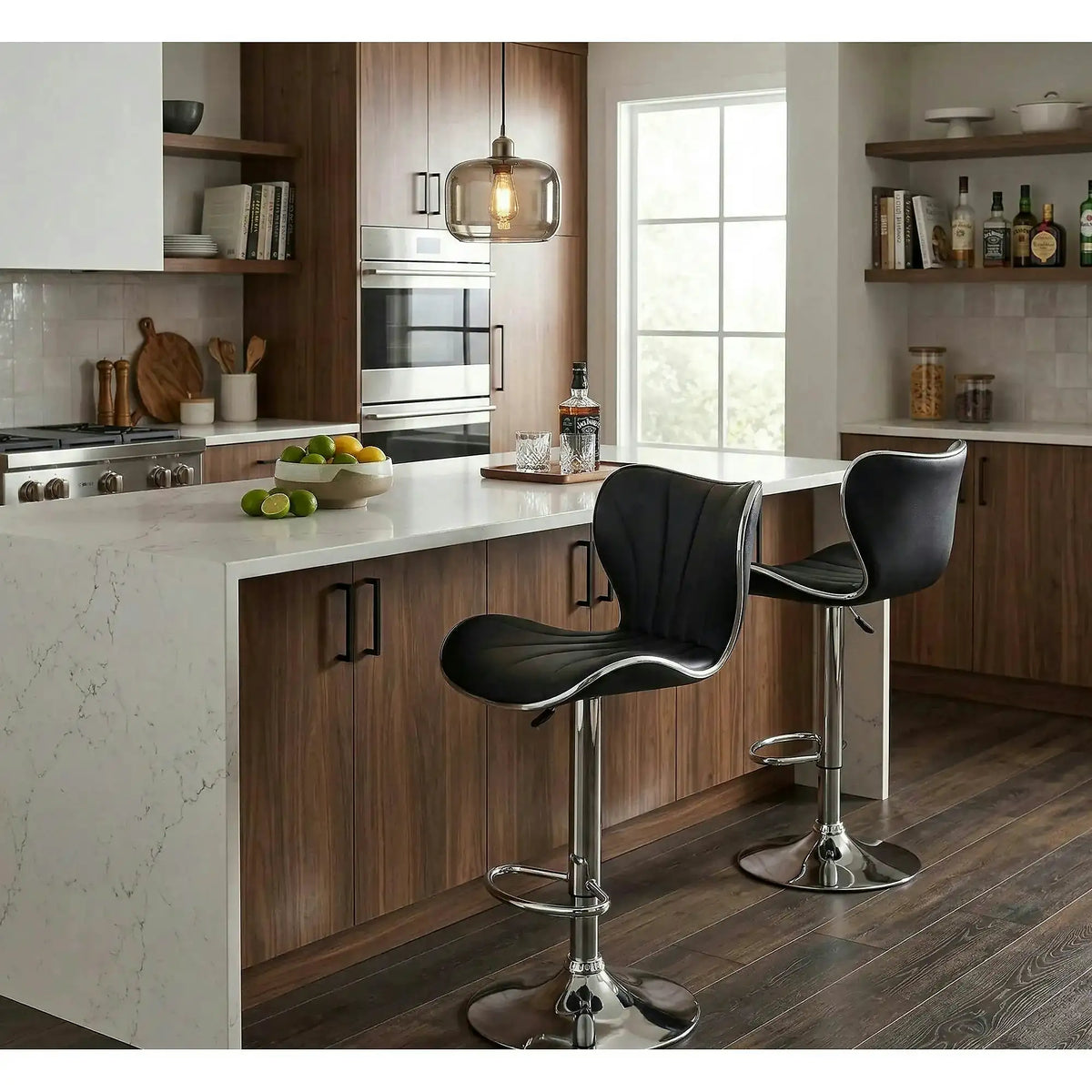 Scaun bar H69, negru/crom, piele ecologica/otel, 48x55x91/111 cm