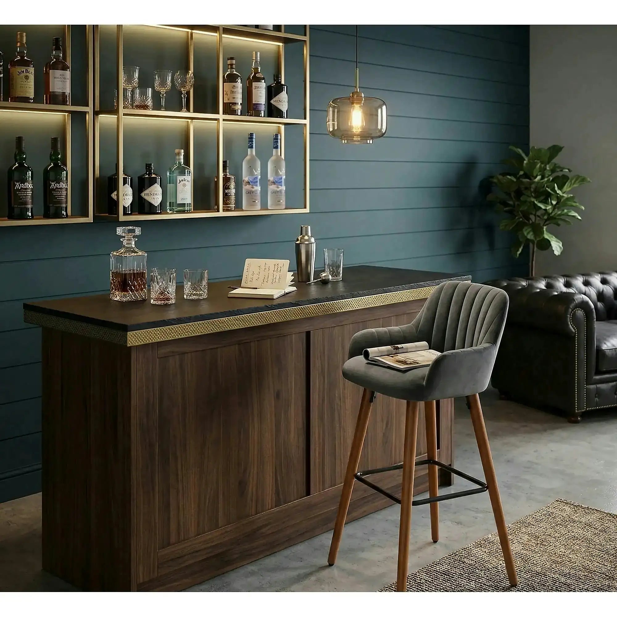 Scaun bar H93, gri inchis/nuc, stofa/lemn, 47x49x98 cm