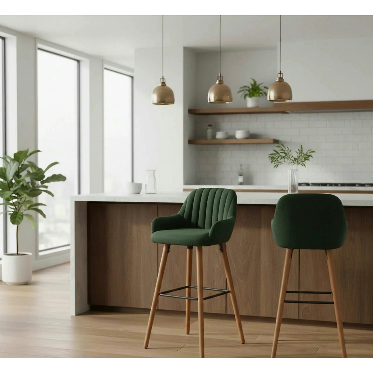 Scaun bar H93, verde inchis/nuc, stofa/lemn, 47x49x98 cm