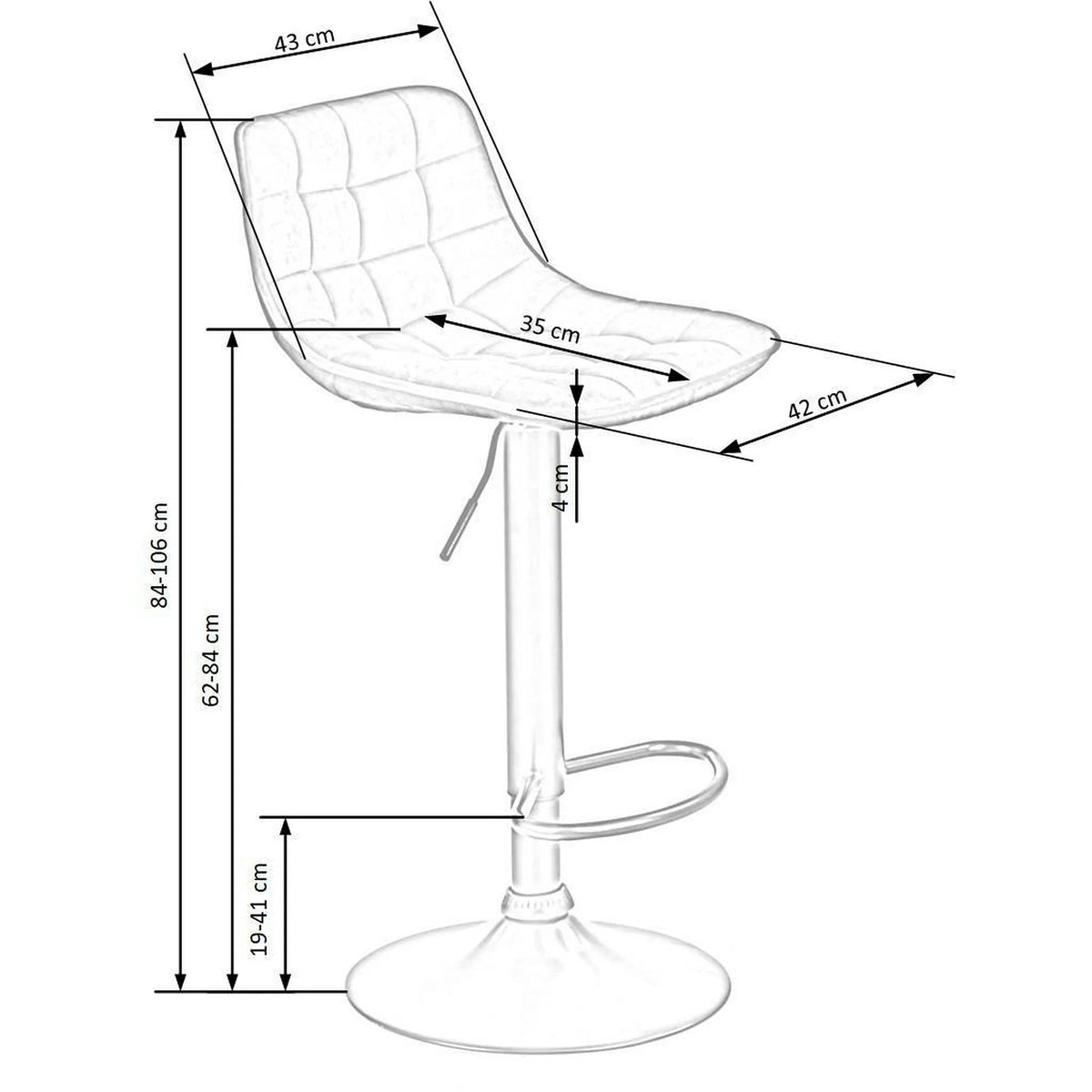 Scaun bar H95, albastru/negru, stofa catifelata/otel, 43x44x84/106 cm