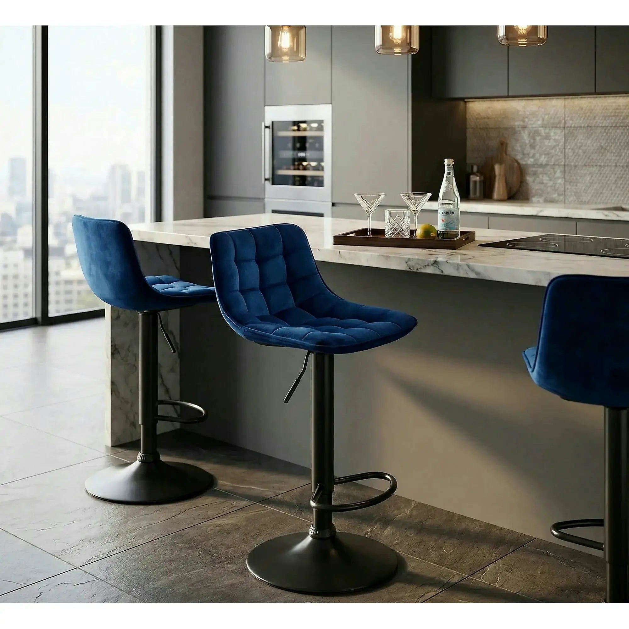 Scaun bar H95, albastru/negru, stofa catifelata/otel, 43x44x84/106 cm