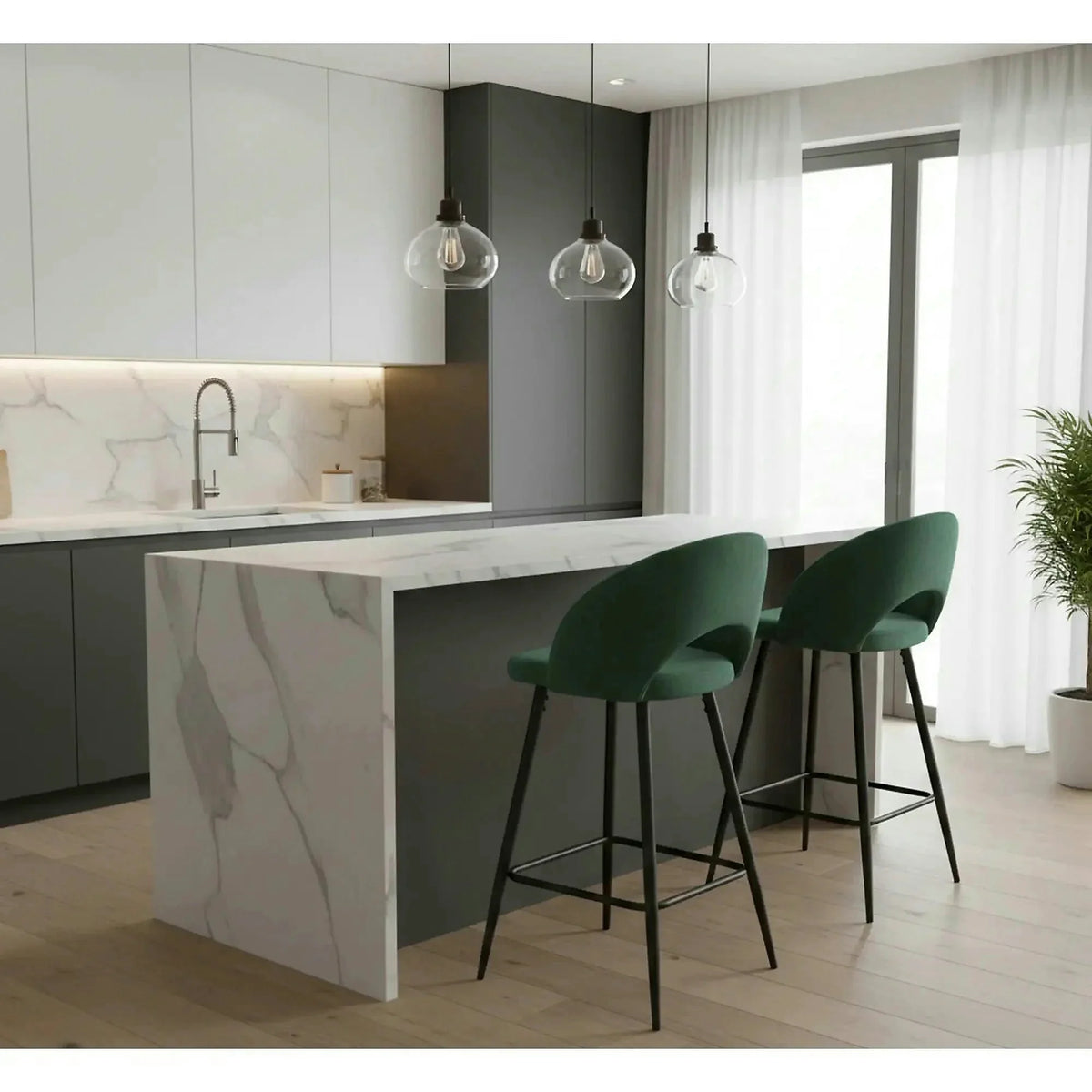 Scaun bar H96, verde inchis/negru, stofa/otel, 48x49x89 cm
