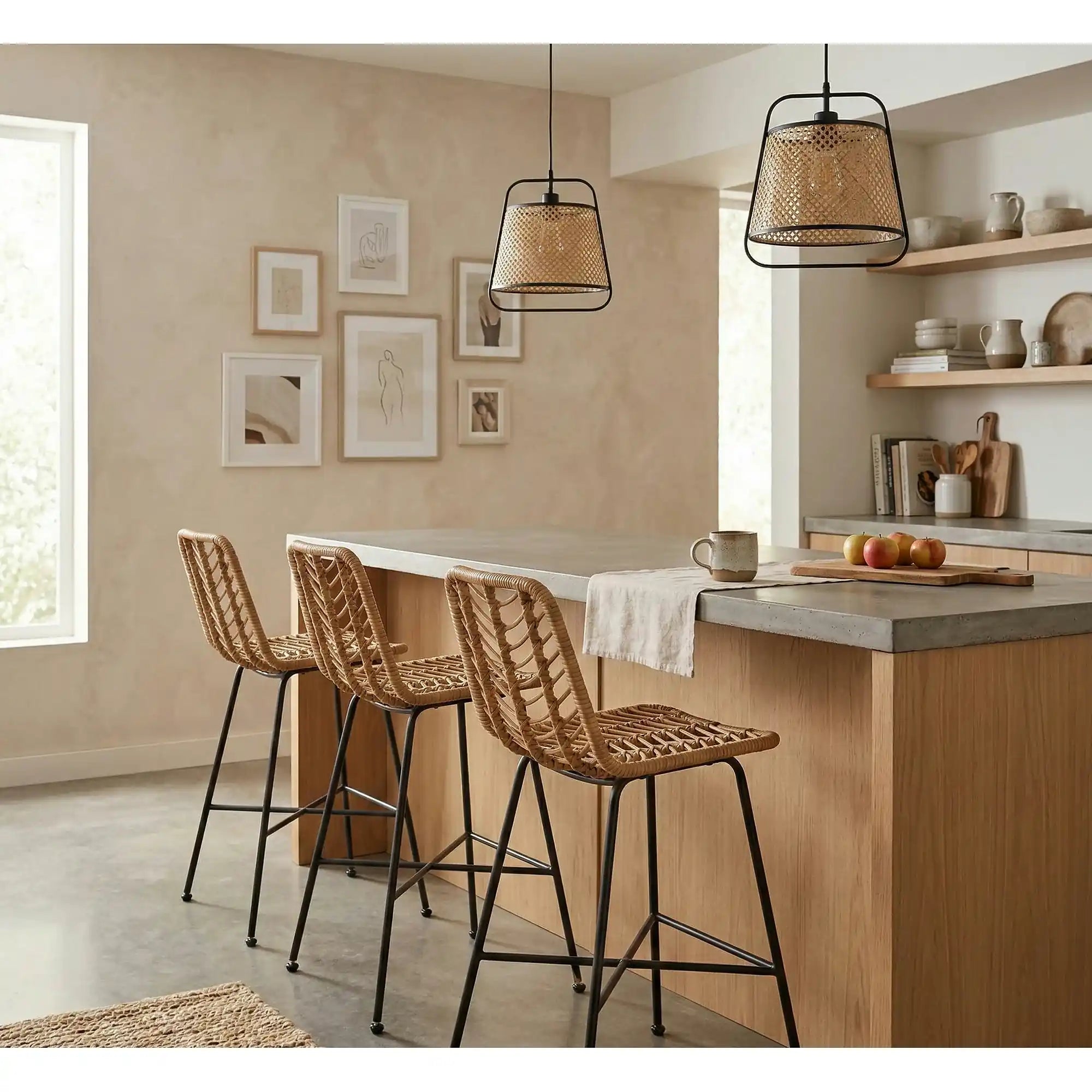 Scaun bar H97, negru/stejar, rattan sintetic/otel, 47x57x113 cm