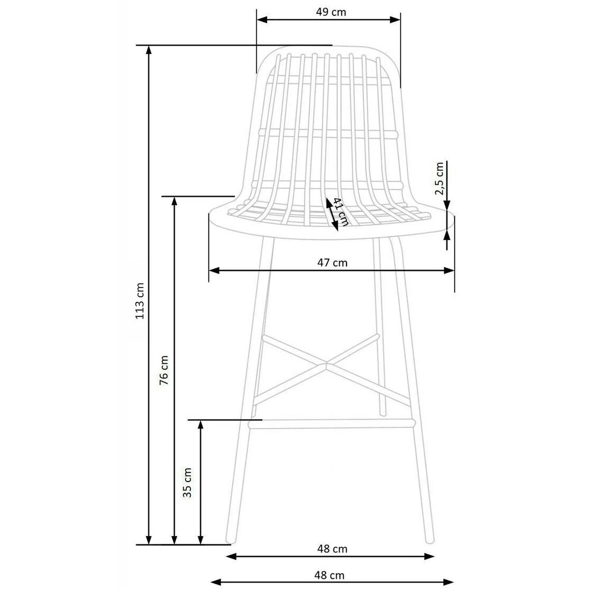 Scaun bar H97, negru/stejar, rattan sintetic/otel, 47x57x113 cm