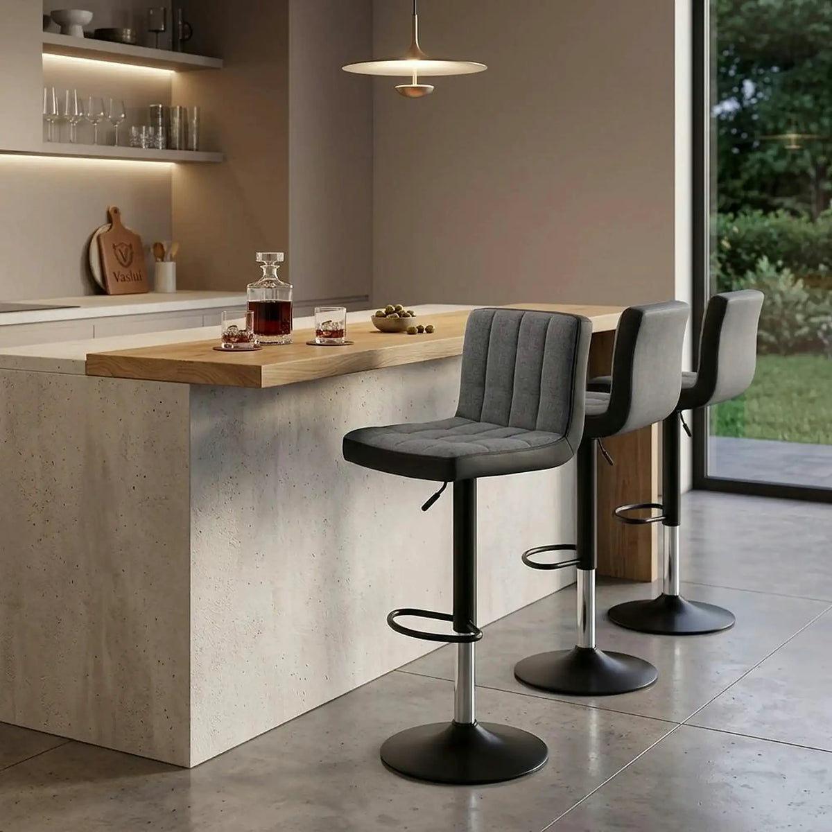 Scaun bar HILDA, gri/negru cromat, stofa clasica/piele ecologica/metal, 40x46x88/109 cm
