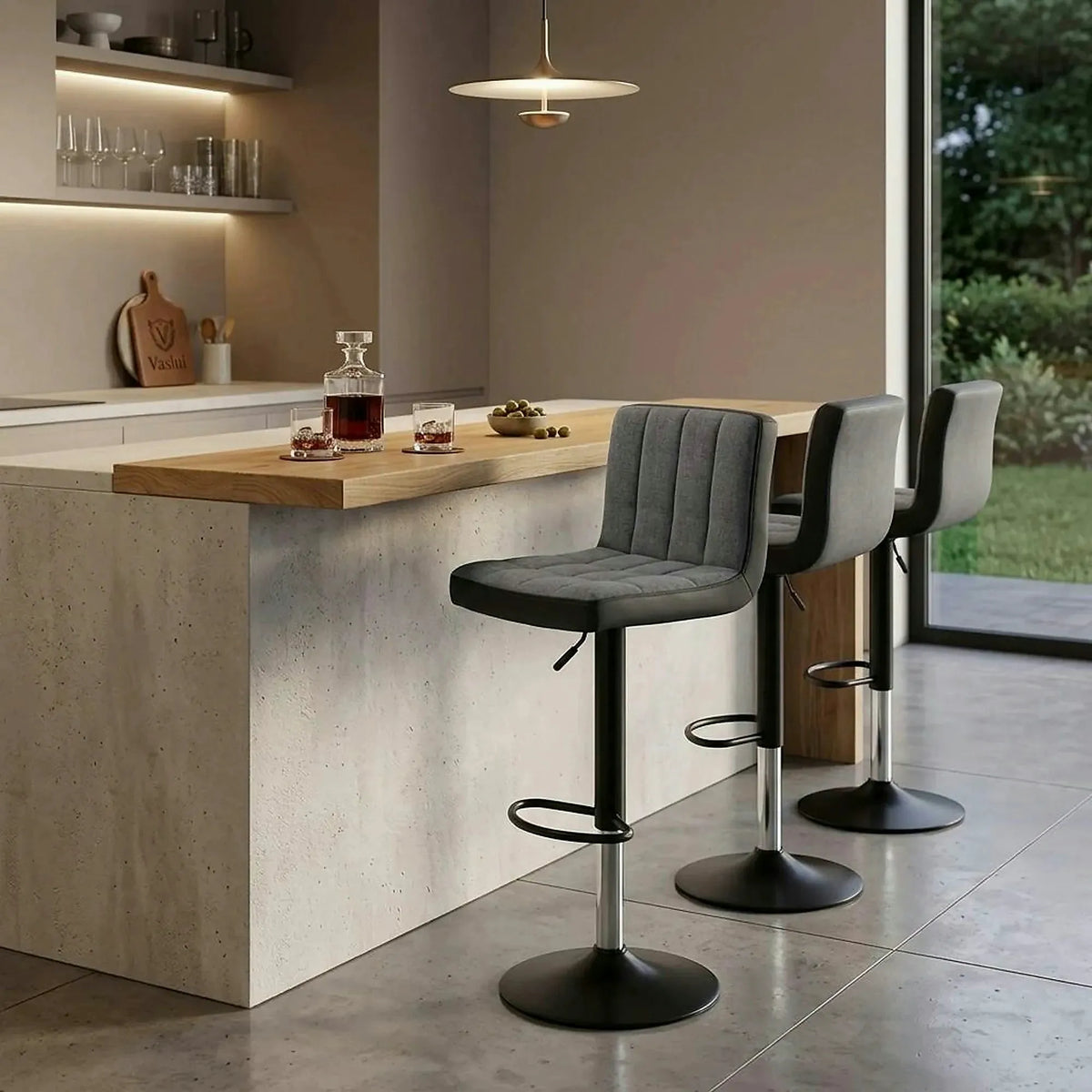 Scaun bar HILDA, gri/negru cromat, stofa clasica/piele ecologica/metal, 40x46x88/109 cm