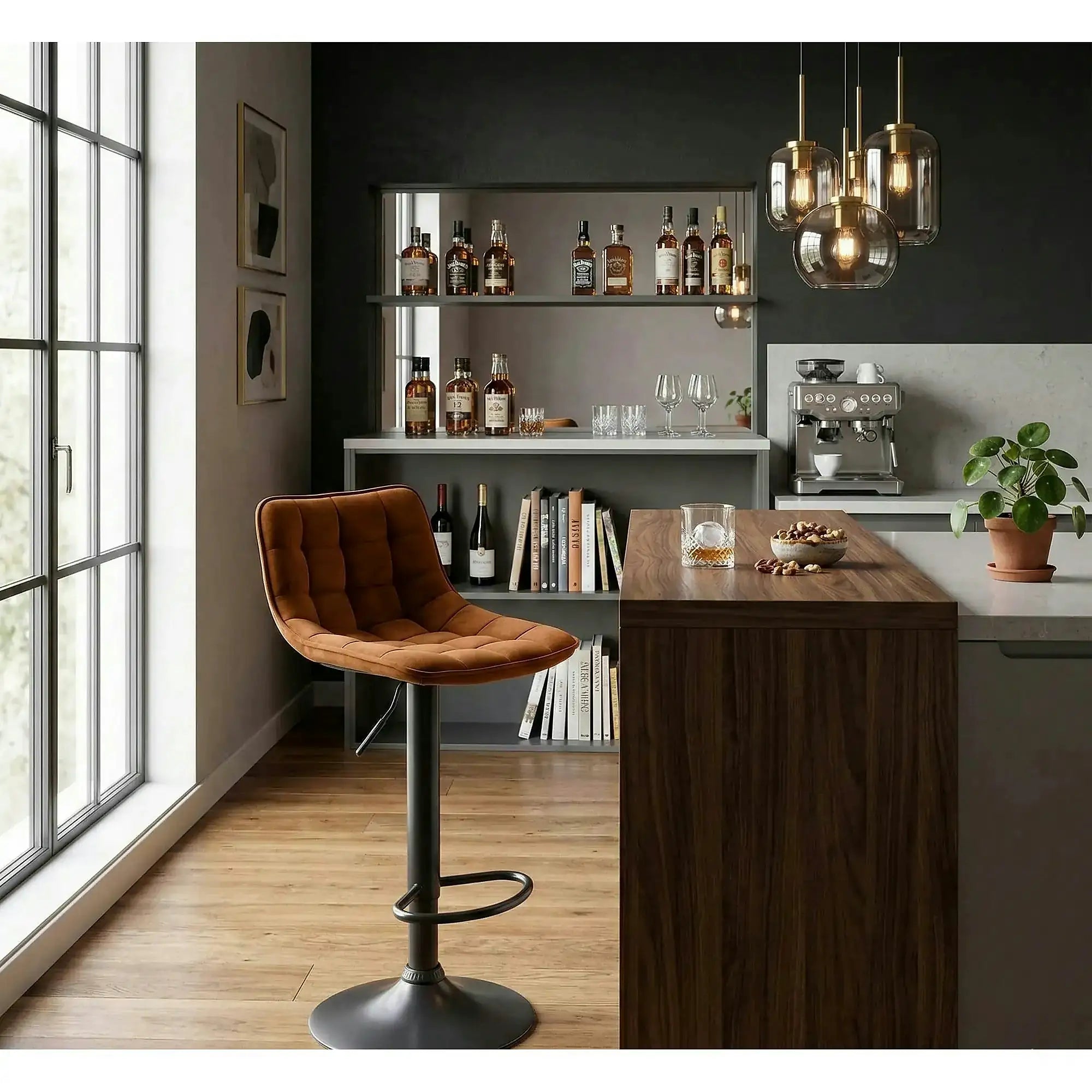 Scaun bar inalt H95, scortisoara - Bluvel 4215/negru, stofa catifelata/metal, 43x44x84/106 cm