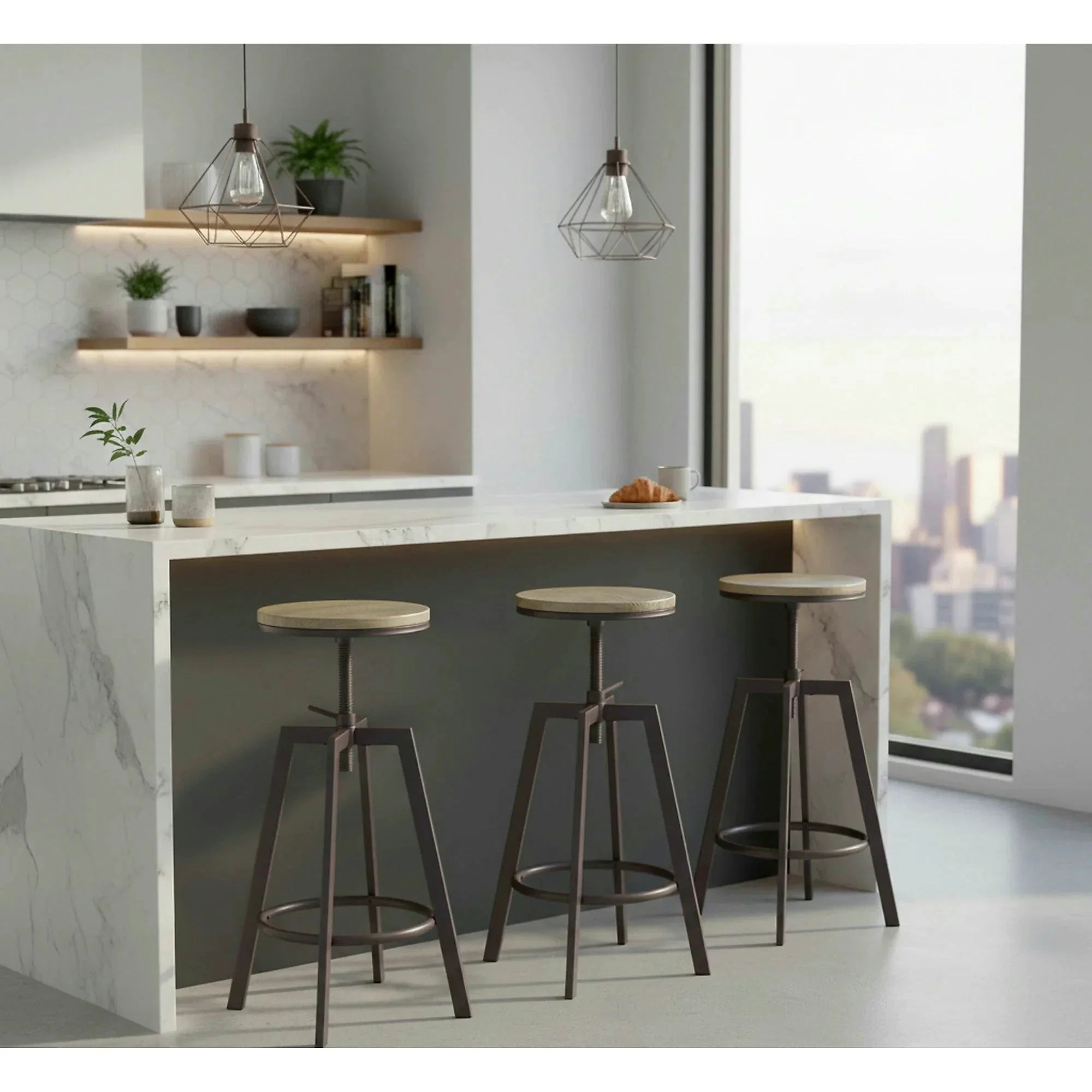 Scaun bar industrial H64, stejar/gri inchis, 30x30x63/80 cm