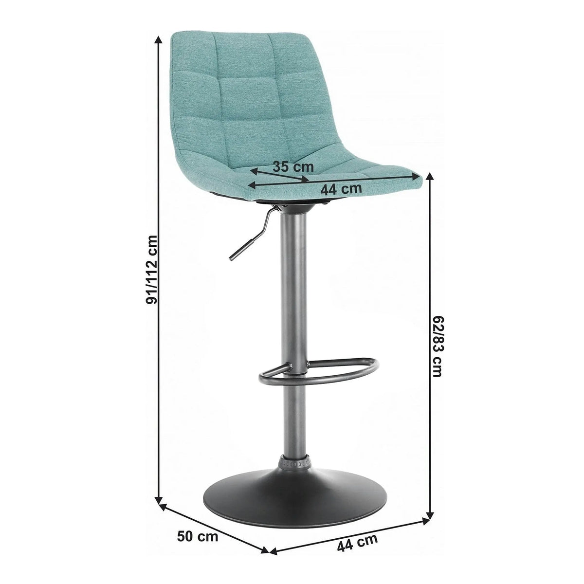 Scaun bar LAHELA, verde menta/negru, stofa clasica/metal, 44x50x91/112 cm