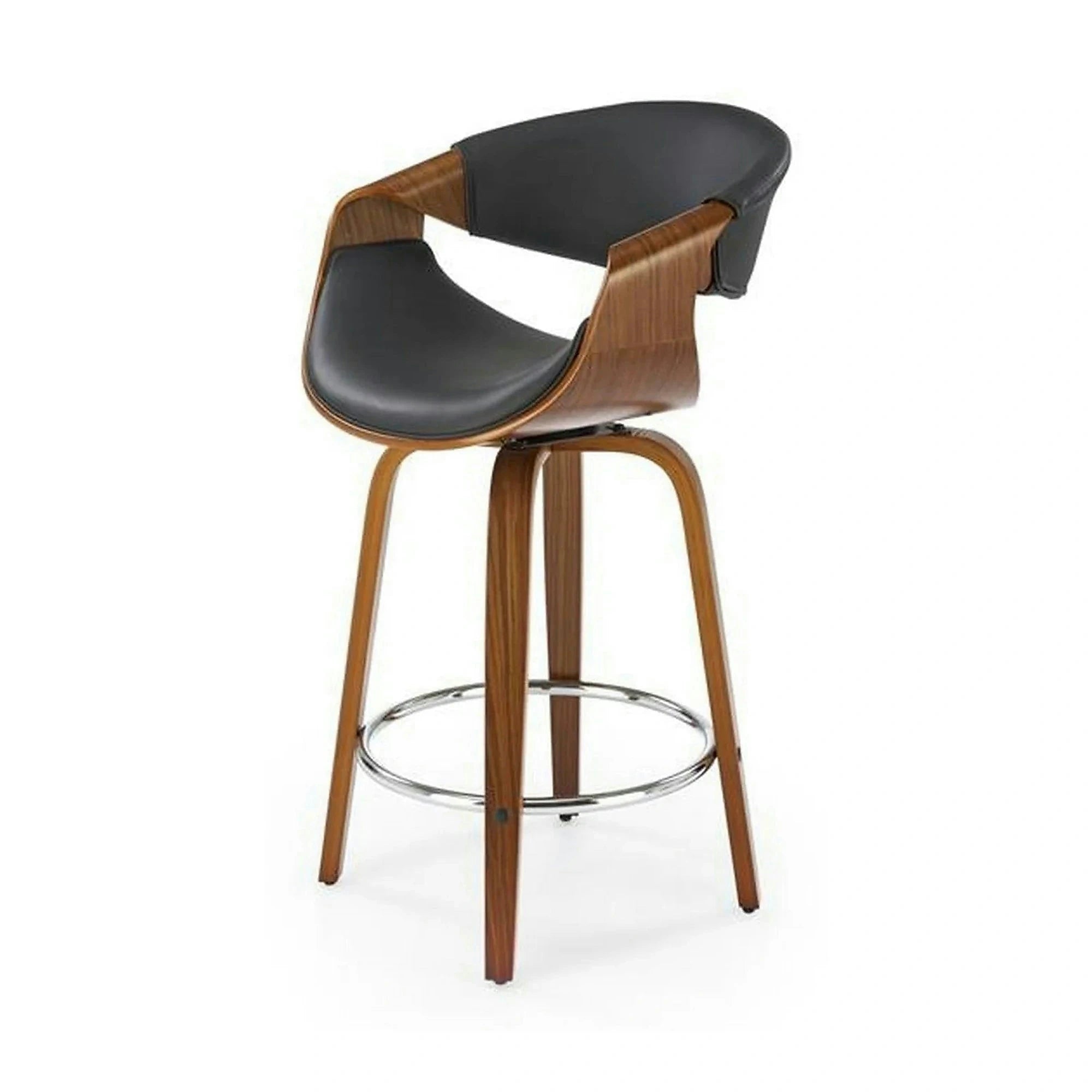 Scaun bar lemn spatar H123, negru/nuc, piele ecologica, 55x51x91 cm