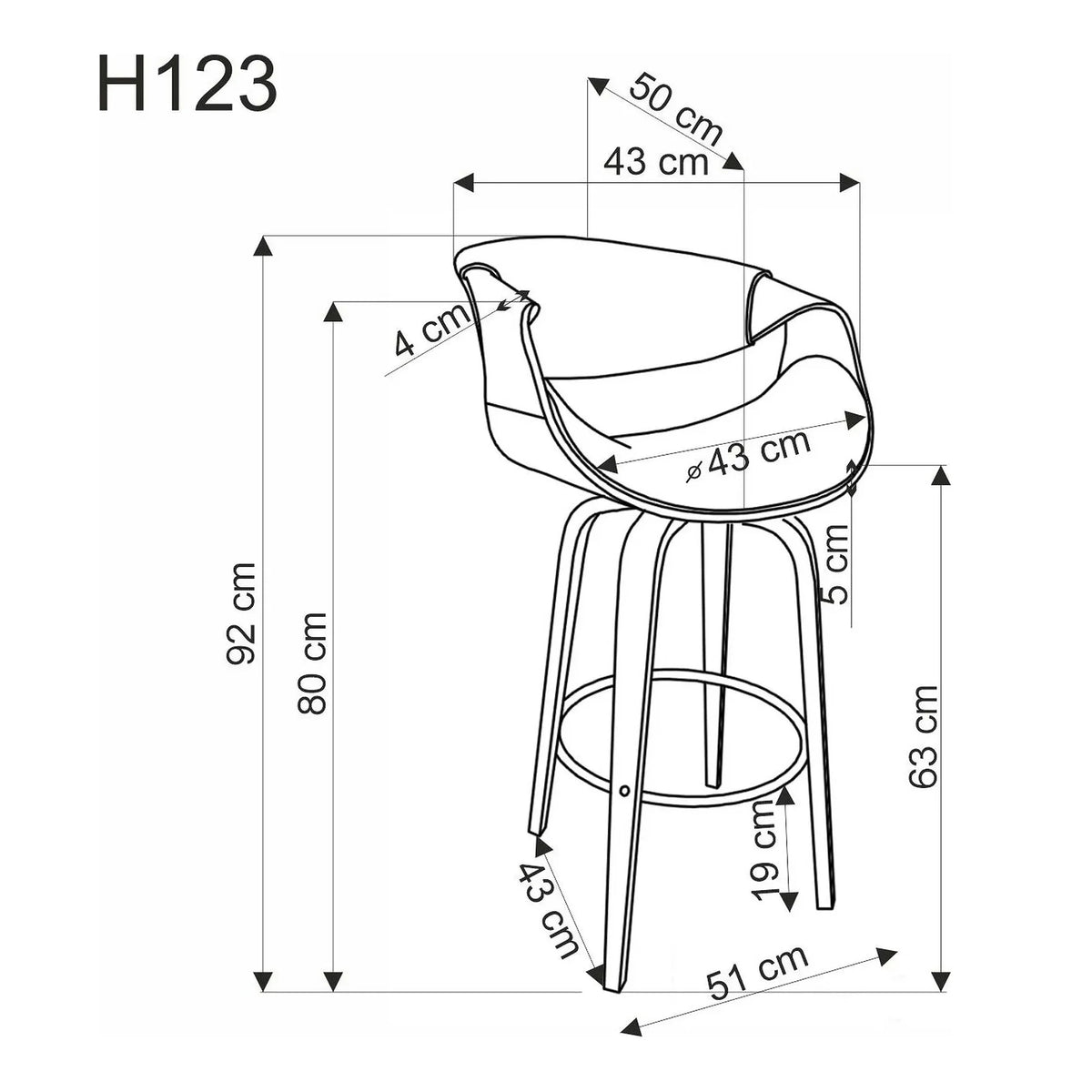 Scaun bar lemn spatar H123, negru/nuc, piele ecologica, 55x51x91 cm