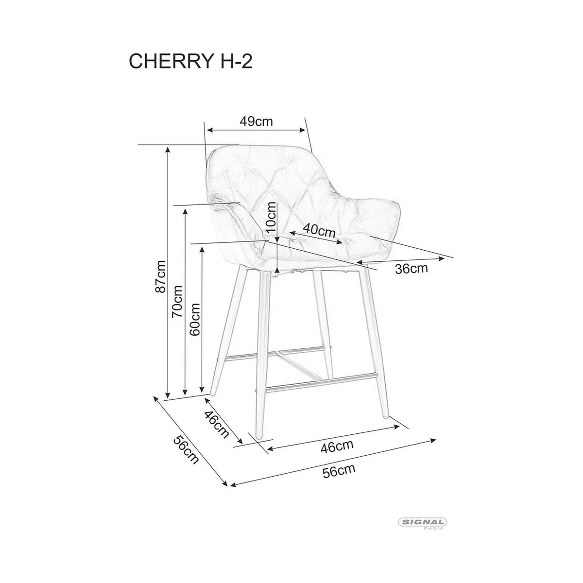 Scaun bar living CHERRY H-2, gri/negru mat, stofa catifelata/metal, 56x40x87 cm
