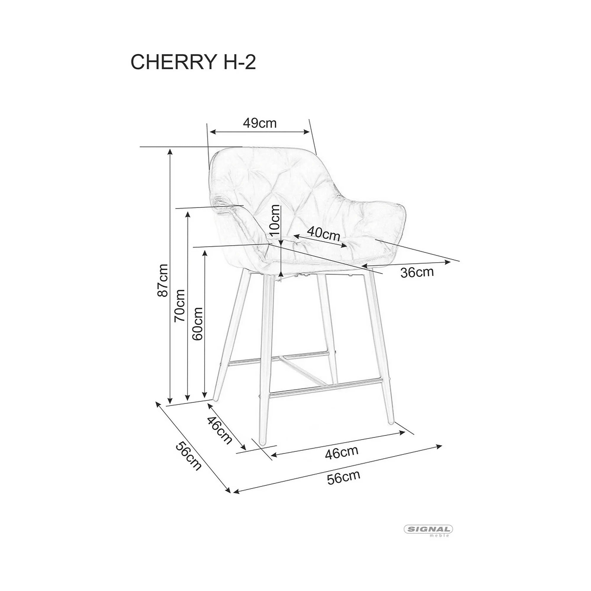 Scaun bar living CHERRY H-2, gri/negru mat, stofa catifelata/metal, 56x40x87 cm