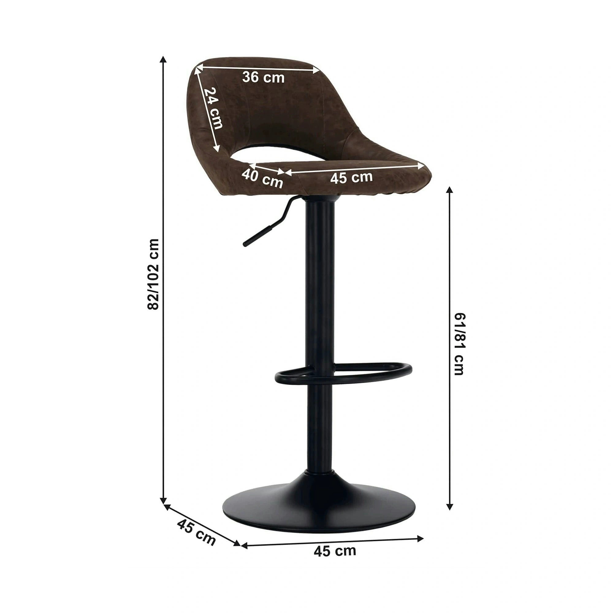 Scaun bar LORASA NEW, maro/negru, piele intoarsa/metal, 45x45x82/102 cm