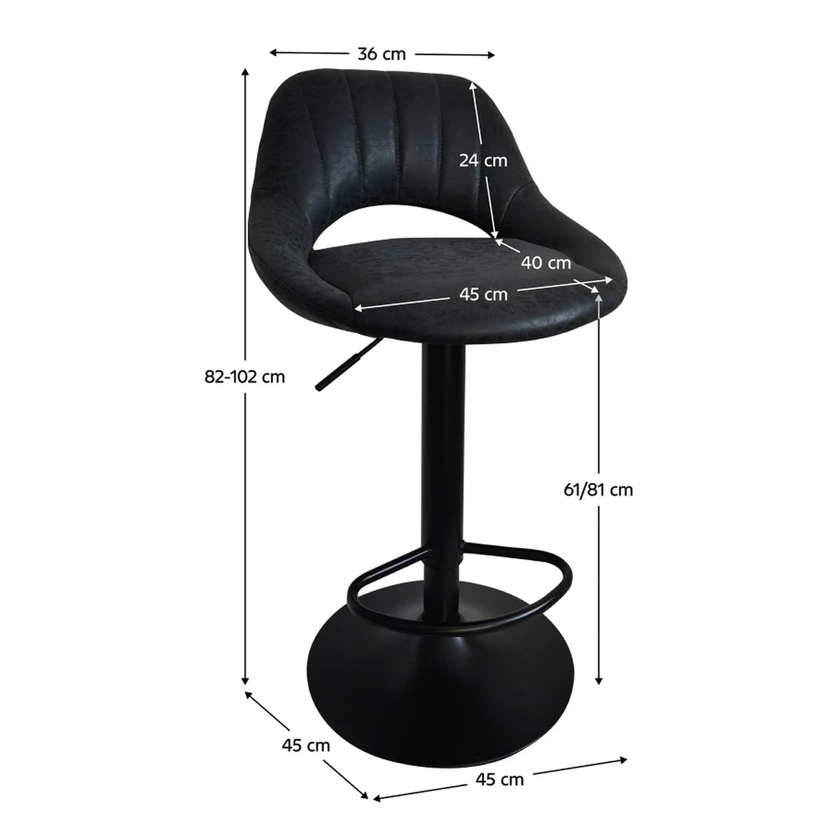 Scaun bar LORASA NEW, negru, piele intoarsa/metal, 45x45x82/102 cm