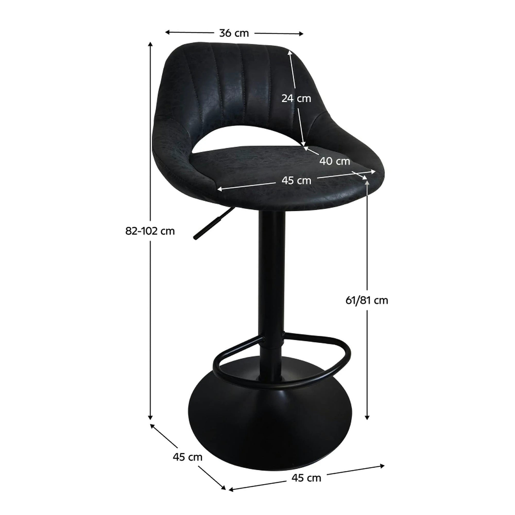 Scaun bar LORASA NEW, negru, piele intoarsa/metal, 45x45x82/102 cm