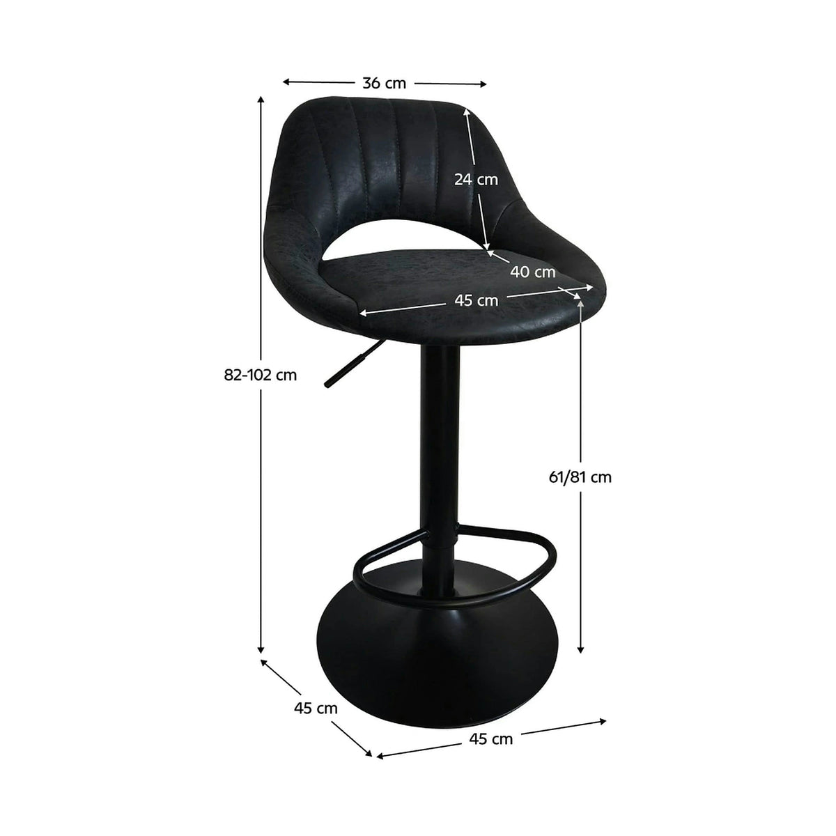 Scaun bar LORASA NEW, negru, piele intoarsa/metal, 45x45x82/102 cm