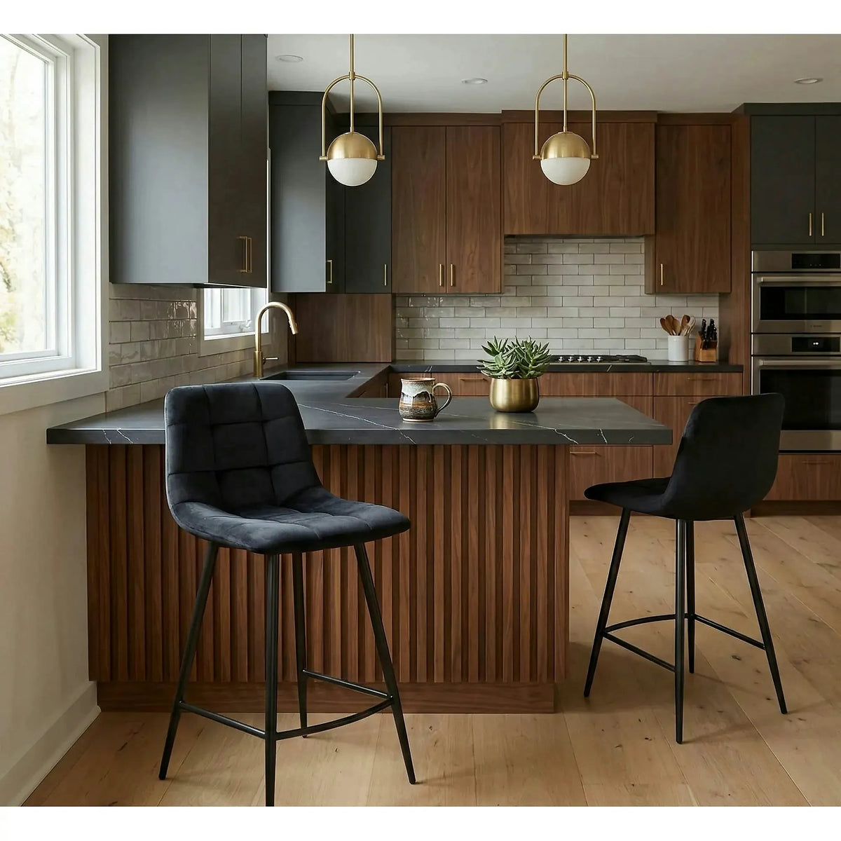 Scaun bar MILA H-2, negru, stofa catifelata/metal, 43x38x87 cm