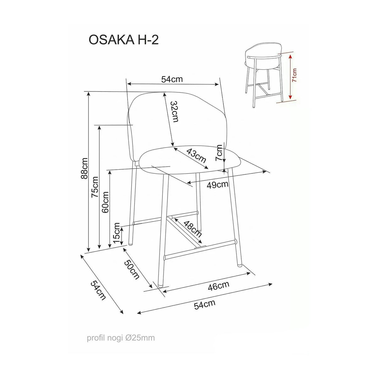 Scaun bar OSAKA H-2, gri/negru, stofă/metal, 54x43x88 cm