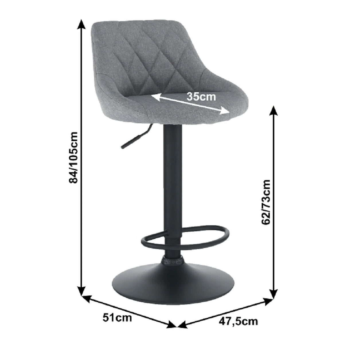 Scaun bar TERKAN, gri/negru, stofa clasica/otel, 48x51x84/105 cm