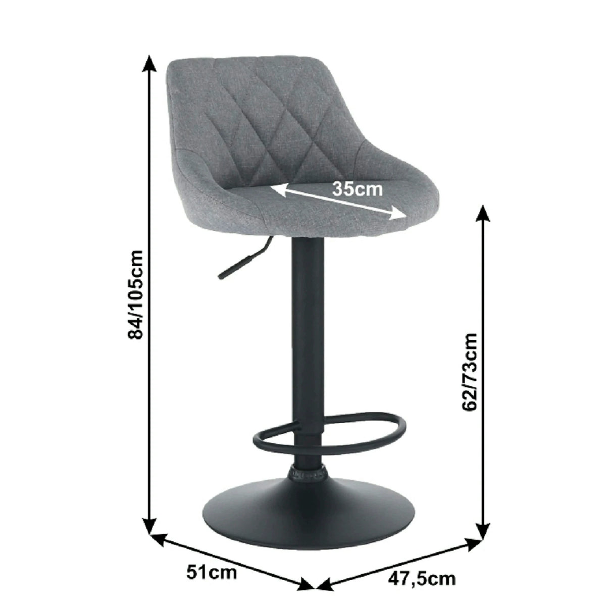 Scaun bar TERKAN, gri/negru, stofa clasica/otel, 48x51x84/105 cm