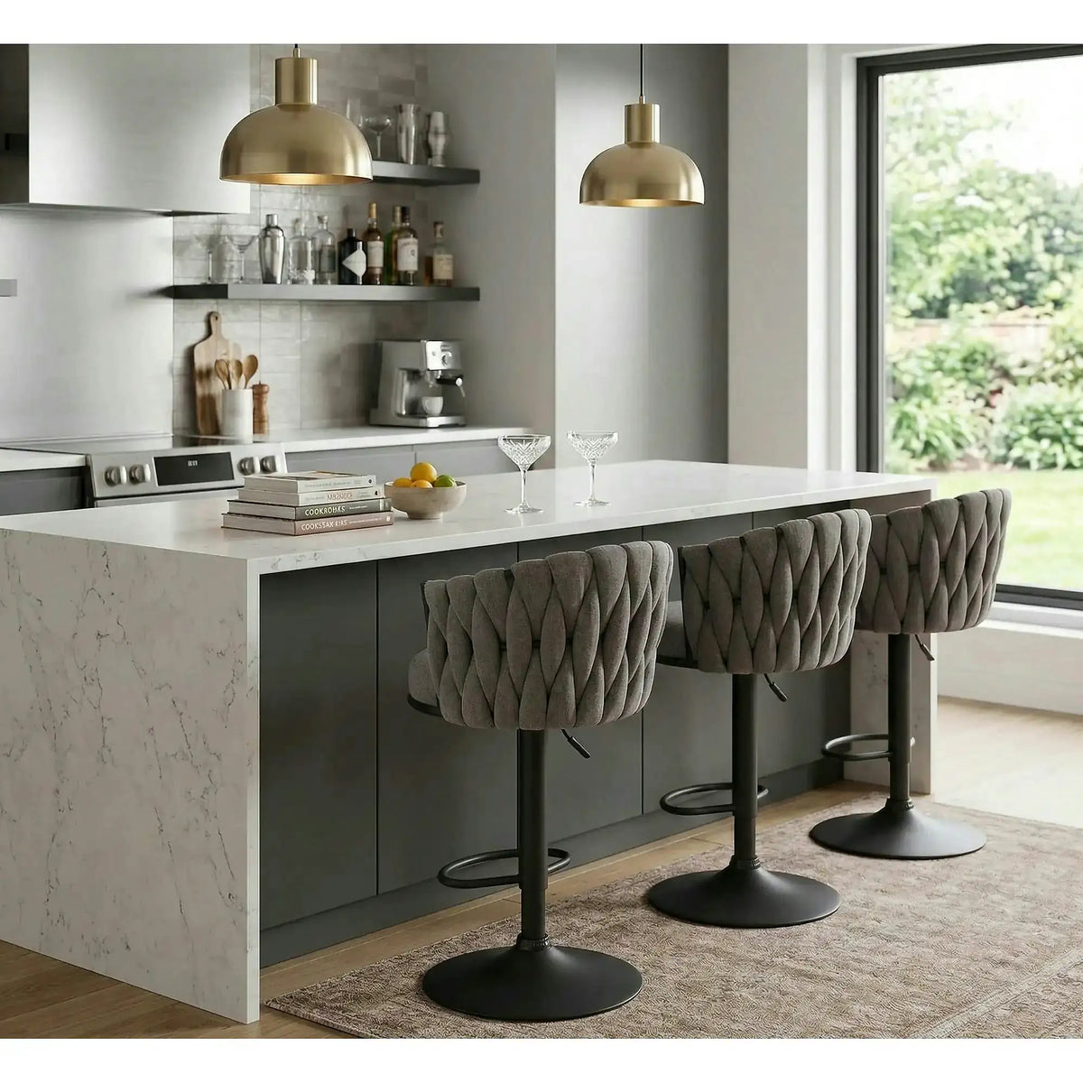 Scaun bar textil H125, gri - Nea 15, stofa clasica/otel, 53x54x90/105 cm